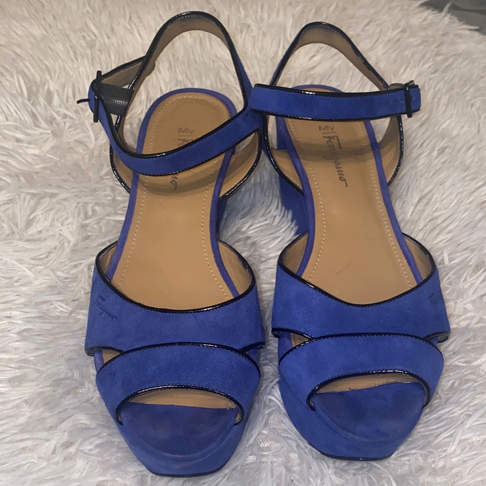 Salvatore Ferragamo Cobalt Blue Suede Platform Wedge Heels Size 9